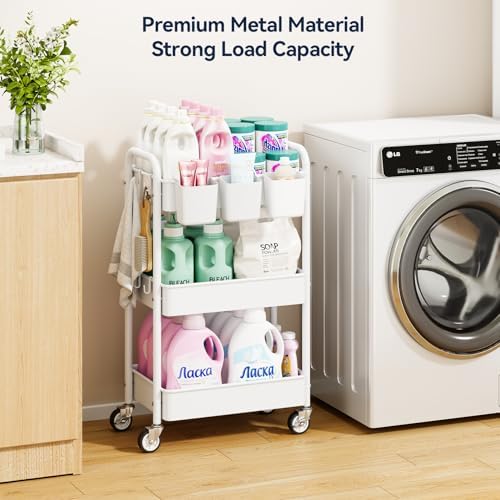 YASONIC 3 Tier Rolling Cart, Heavy Duty Metal Utility Cart with Wheel White - Image 2