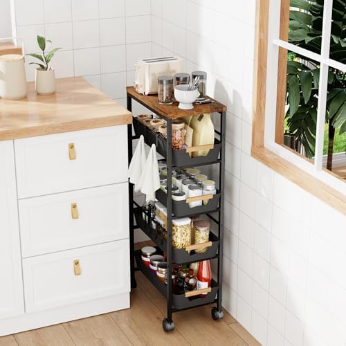 5-Tier Slim Storage Cart, Wooden Top Rolling Kitchen Cart with Pull-Out Baskets & Wheels, Narrow Space Utility Cart Slide Out Organizer for Kitchen, Bathroom, Laundry Room, Black - Image 2