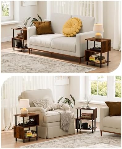 Frylr Side Table, Night Stand and End Table with Reinforced Metal Frame, 44 lb Capacity on Each Tier and Leveling Feet for Bedroom, Bedside, Living Room and Small Spaces, Rustic Brown - Image 5