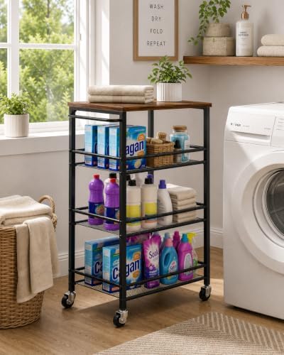 Pipishell Metal 4 Tier Laundry Storage Cart with Wheels, Handle & Wood Top - Image 2
