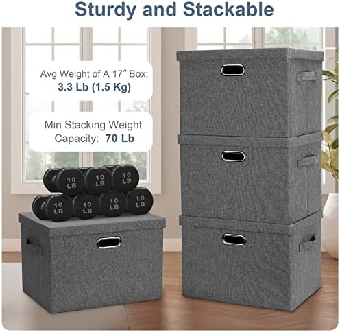 Graciadeco Large 17" 36 Quart Collapsible Stackable Storage Bins with Lids, 5 Packs Gray Foldable Fabric Closet Storage Boxes with Lids, Heavy-duty Linen Cube Baskets(17 x 12 x 11) - Image 4