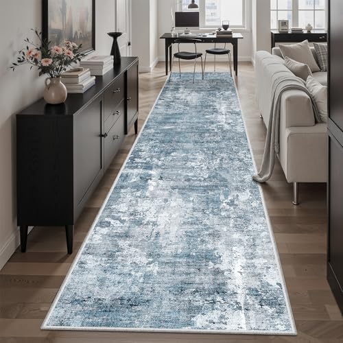 Soalmost Hallway Runner Rug 2'6" x 12' Kitchen Rugs Abstract Blue/Grey - Image 3
