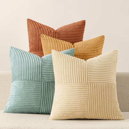 MIULEE Fall Boho Farmhouse Decorative Throw Pillow Covers 20x20 Inch 4 Packs Soft Vintage Pillow Cases Modern Corduroy Patchwork Cushion Covers for Couch Sofa Bed Home Decor, Teal-Rust by MIULEE