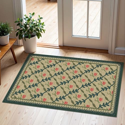 Front Door Mat Outside Entrance, 2x3 Green Brown Floral Trellis Rug by Othilic