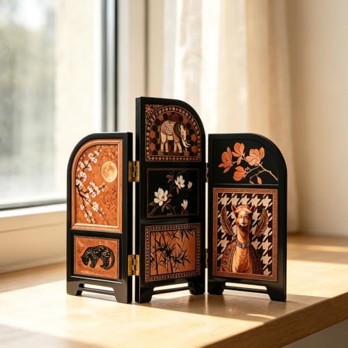 3-Panel Arched Tabletop Folding Screen, Vintage Eclectic Animal - Image 2