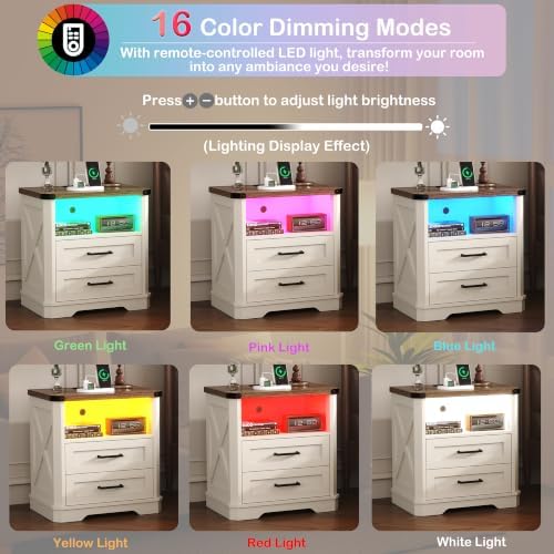 Yusong 23.62" Tall Night Stand, LED Nightstand with Charging Station, Modern Night Stand, Wood Sofa Couch End Side Table with 2 Pull-Out Shelf, White - Image 6