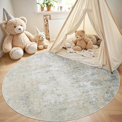 Aelenmu Round Rug 5ft Washable Rug for Dining Room Living Room Beige Grey - Image 4