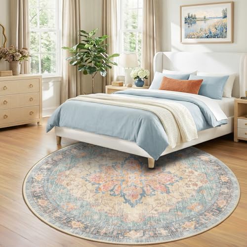 RELEANY Washable Area Rug, Round 8ft, Blue/Orange/Red - Image 3