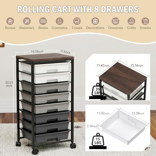 Rolling Cart with 8 Drawers, Storage Drawers Cart with Wooden Tabletop and Lockable Wheels, Craft Storage for Living Room, Office, Classroom, Craft Room, Bedroom (Gray) - Image 2