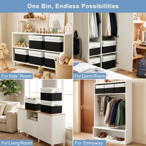 Large 17" 42 Quarts Collapsible Stackable Storage Bins with Lids [3-Pack] Foldable Fabric Linen Storage Boxes Cube, Closet Organizer Baskets with Label for Home (16.7 x 12 x 12", Black & White) - Image 4