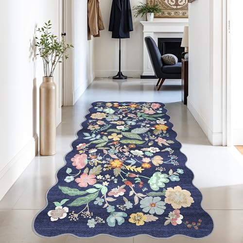 Washable 3x6 Hallway Runner Rug: Low-Pile Floral Scalloped Entryway Runners Non-Slip Stain Resistant Carpet for Kitchen Bathroom Laundry Room Soft Floor Mat for Living Room Bedroom Nursery(3x6/Purple) by HYHAOYUNLAI