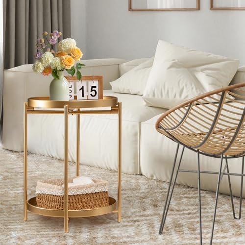 TeoKJ 2 Tier Round Side Table, Folding Metal Small Bedside Nightstand for with Two Removable Tray for Bedroom Living Room Bedside Small Spaces Gold X2 - Image 2