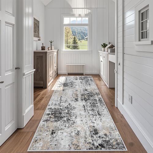 Runner Rugs for Hallways Kitchen 2.6x8 Non Slip Washable Black Grey Gold by Aelenmu
