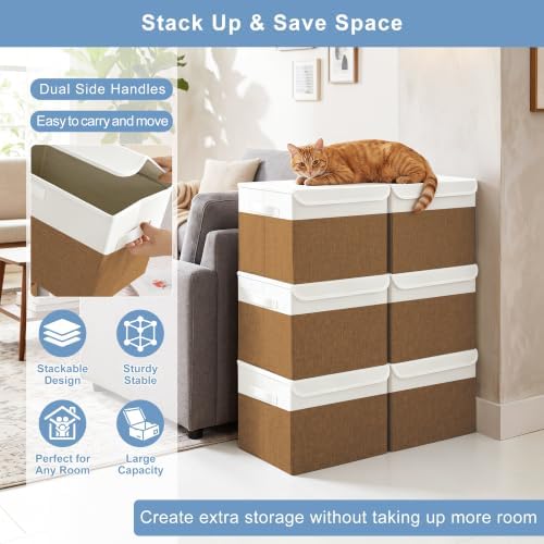Large 17" 42 Quarts Collapsible Stackable Storage Bins with Lids [3-Pack] Foldable Fabric Linen Storage Boxes Cube, Closet Organizer Baskets with Label for Home (16.7 x 12 x 12", Brown & White) - Image 5
