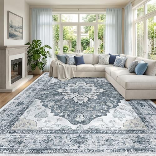 RELEANY Washable Area Rug, Large 9'x12', Grey/White/Beige by RELEANY