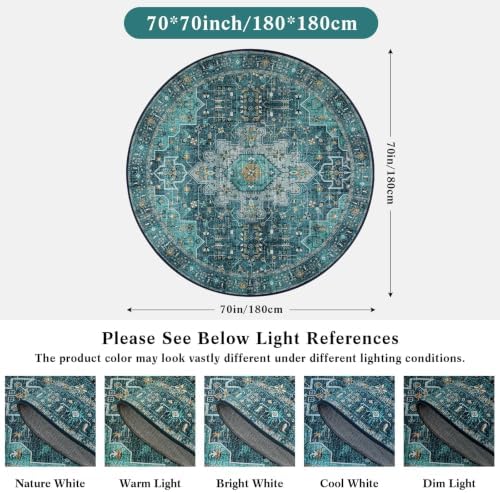 Moynesa Ultra-Thin Washable Round Rug - 6ft Teal Large Living Room Circle Area Rugs, Vintage Dining Room Mat Stain Resistant Nursery Carpet for Bedroom Mudroom Kitchen Apartment Home Office - Image 2