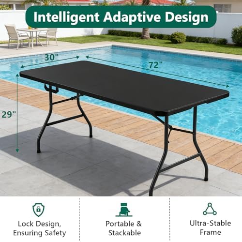 Folding Table 6FT Heavy Duty Plastic Table with Handle, Foldable&Portable, Fold-in-Half Utility Tables for Outdoor, Dining, Wedding, Events, Indoor, Picnic, Camping, Party, Black - Image 3