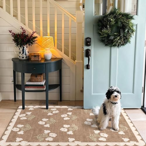 3x5 Floral Entry Rug - Small Washable Indoor Outdoor Mats for Front Door Non-Slip Porch Rug Tan Boho Neutral Farmhouse Throw Rugs for Living Room Bedroom Entryway Kitchen Office Porch Decor - Image 4