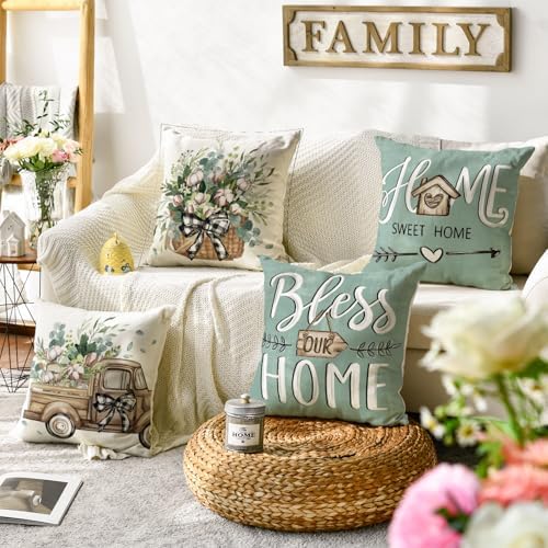 AVOIN colorlife Bless Our Home Farmhouse Eucalyptus Leaves Throw Pillow Covers, 16 x 16 Inch Blue Truck Home Sweet Cushion Case Decorations Set of 4 - Image 2