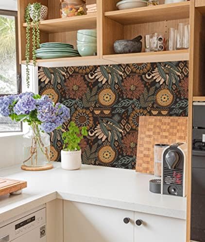 HAOKHOME Peel and Stick Wallpaper Boho Floral Vintage Botanical Bathroom | Renter Friendly Removable Textured Wall Paper Brown Cottagecore Green Orange Retro Moody Bedroom Accent Wall 17.3in x 9.8ft - Image 4