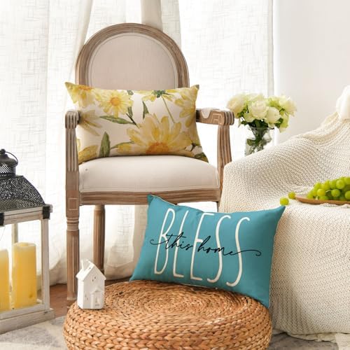 AVOIN colorlife Home Sweet Home Spring Summer Flowers Yellow Throw Pillow Covers, 12 x 20 Inch Blue Cushion Case for Sofa Couch Set of 4 - Image 3