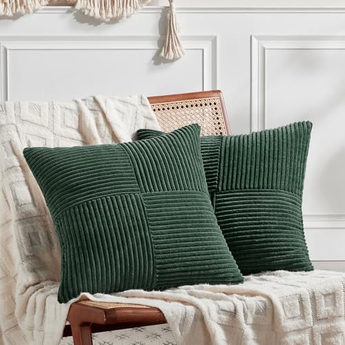 Fancy Homi Set of 2 Dark Green Decorative Throw Pillow Covers 16x16 Inch for Living Room Couch Bed, Boho Farmhouse Forest Green Home Decor, Soft Corss Corduroy Patchwork Textured Cushion Case by Fancy+Homi