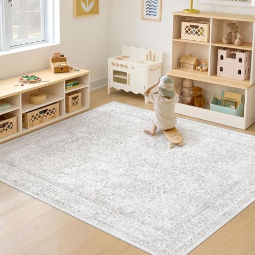 5x7 Area Rugs for Living Room: Washable Vintage Floral Rug Low Pile Non-Slip Boho Carpet for Nursery Bedroom Dining Room (Floral Grey, 5'x7') - Image 4