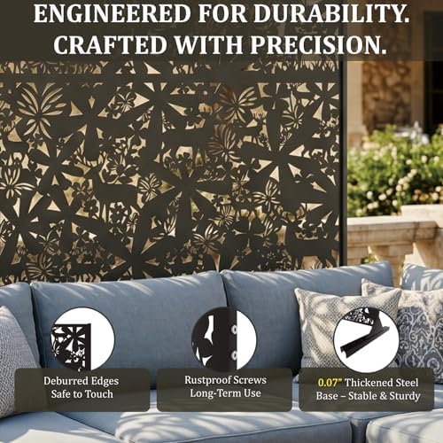Metal Privacy Screen Outdoor 6FT – Freestanding Laser Cut Steel Garden Divider Panel with Stand, Decorative Modern Privacy Screen for Patio, Deck, Backyard & Balcony, Rustproof & Weather-Resistant - Image 3