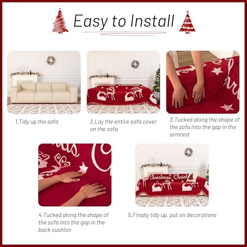 MYSKY HOME Christmas Couch Cover for Dogs, Washable Couch Covers, Non Slip Sofa Slipcover, Couch Cover 2 Cushion Sofa Dogs Furniture Protector, Chenille Sofa Covers for Pets, Kids, 71"x102", Red - Image 6