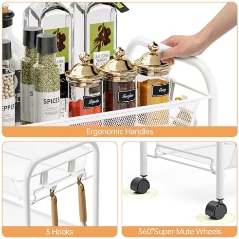 TOOLF 5 Tier Rolling Cart, Metal Utility Storage Cart with Wheels, White | 3 Hooks, Screwless Assembly, Trolley Organizer for Bathroom, Kitchen, Office, Nursery, Dorm, Laundry Room - Image 4