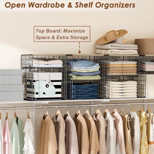 4-Tier Stackable Closet Organizers and Storage, Adjustable Dividers & Wood Top Storage Shelves for Clothes, Wardrobe & Closet Storage Basket Bins/Cube, Space-Saving Closet Organizer System, Black - Image 6