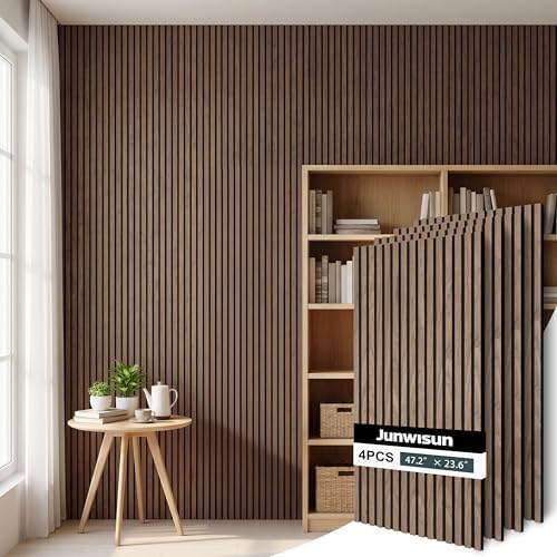 Acoustic Wall Panels, 4 Pack Wood Slat Wall Panel, Soundproof Wall Panels, 3D Textured Wall Decor for Ceiling and Wall, 23.6" x 47.2", in Walnut Finish by Junwisun