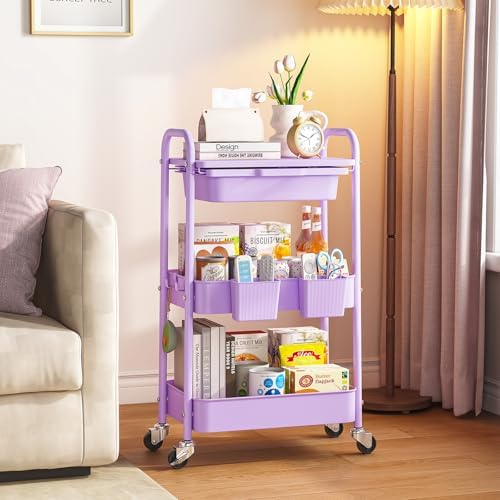 KINGRACK 3 Tier Metal Rolling Cart with Drawer, Purple Utility Storage Cart | 2 Cups & 4 Hooks, Lockable Wheels, Trolley Organizer for Bathroom, Kitchen, Office, Nursery, Dorm, Laundry, Craft Room - Image 2