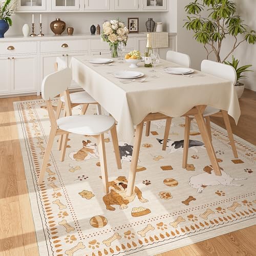 DUKINO 5x7 Area Rugs, Washable Dog Rug for Kids Room Non Slip, Beige Yellow - Image 3