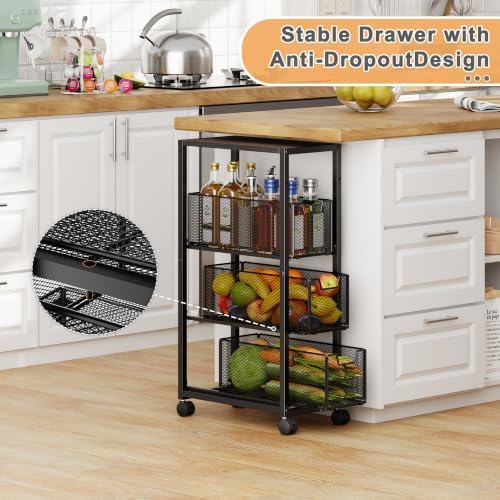 4 Tier Narrow Kitchen Rolling Cart, 9.1" Wide Slim Kitchen Storage Cart with Pull-Out Baskets, Adjust Pantry Organizer and Storage Cart with Wheels, Multifunctional Fruit Vegetable Spice Storage Cart - Image 3