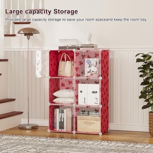 C&AHOME Clover Embossed 6-Cube Storage Organizer with Doors Cube Shelf Red - Image 5