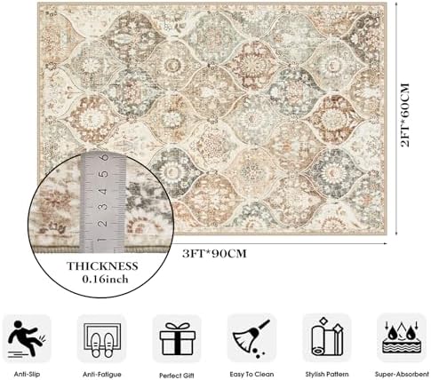 Lahome Moroccan Trellis Entryway Rug, 2x3 Kitchen Rugs Non Slip Washable, Non-Slip Indoor Door Mat Ultra-Thin, Small Throw Carpet for Bathroom Bedroom Entry Elise, Khaki - Image 2