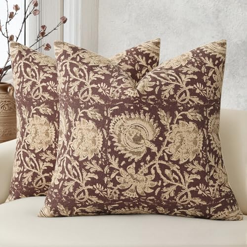 Vintage Floral Print Throw Pillow Covers 24x24 Set of 2 Neutral Modern Farmhouse Pillowcase Accent Decorative Cushion Covers Boho Home Decor for Couch Sofa Chair Bed Living Room, Oxblood by DKwizme