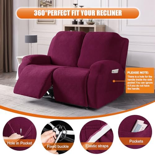 VANSOFY Recliner Cover, 2-Pieces Stretch Reclining Couch Cover with Pockets Loveseat Sofa Slipcovers Soft Washable Furniture Protector for Dogs Cats(Burgundy) - Image 5