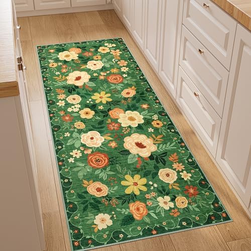 DUKINO 2x5 Runner Rug, Floral Washable Rug for Kitchen Non Slip, Dark Green by DUKINO