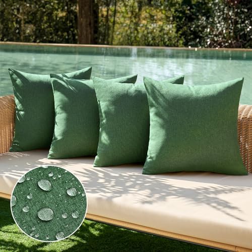 MIULEE Pack of 4 Decorative Outdoor Throw Pillow Covers Linen Waterproof Pillow Covers Summer Farmhouse Cushion Cases for Patio Garden Tent Balcony Couch Sofa 16x16 Inch Dark Green by MIULEE