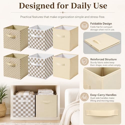 Chunful 6 Pcs 11 Inch Checkered Fabric Cube Storage Bin Brown White Plaid - Image 3