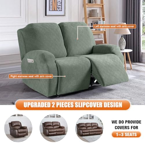 VANSOFY Recliner Cover, 2-Pieces Stretch Reclining Couch Cover with Pockets Loveseat Sofa Slipcovers Soft Washable Furniture Protector for Dogs Cats(Bean Green) - Image 6
