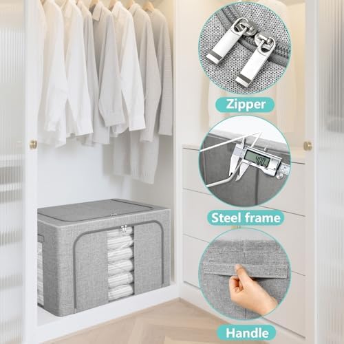3 Pack Clothes Storage Bins, Foldable Metal Frame Storage Box with Lids,Stackable Linen Fabric Organizer Set with Carrying Handles,Zippers,and Clear Window (Grey, 66L) - Image 5