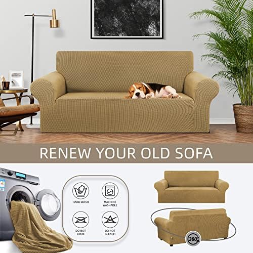 KEKUOU Stretch Loveseat Couch Cover, 2 Cushion Couch Slipcover,Tan - Image 3