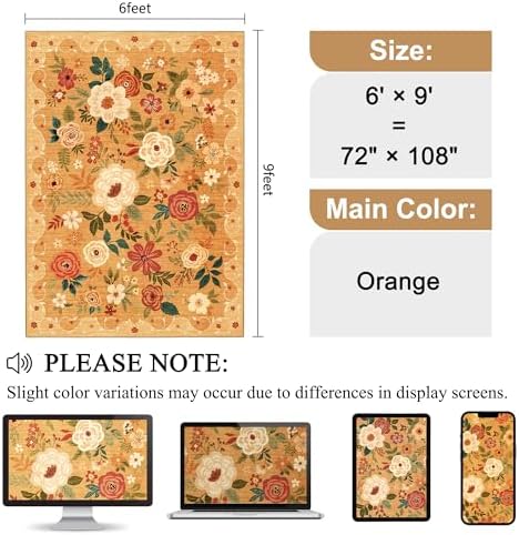 DUKINO 6x9 Area Rugs, Floral Washable Rug for Bedroom Non Slip, Orange - Image 2