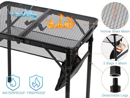 Small Floding Grill Table with Mesh Layer, 2 Height Adjustable, Portable & Lightweight Metal Camping Table for Outdoor, Beach & BBQ - Compact (2 FT, Black) - Image 4