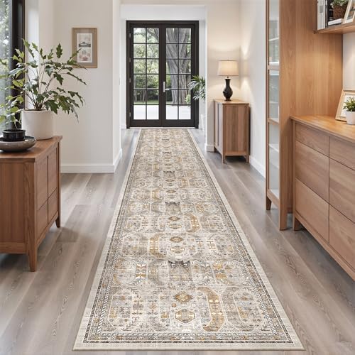 Madane Hallway Runner Rug 2'6''x16' Kitchen Runners Vintage, Brown/Gold - Image 4