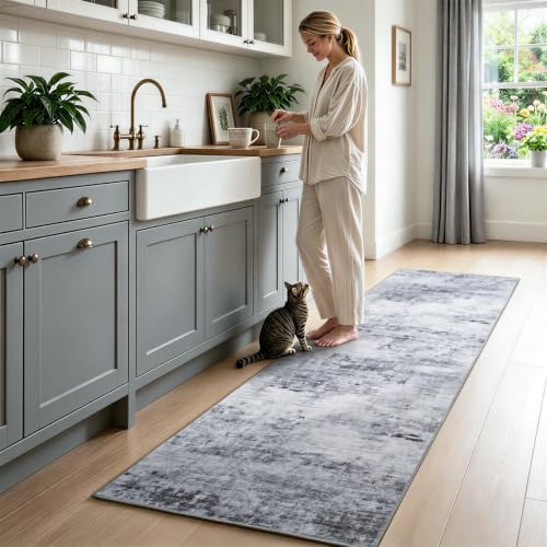 Toneed Washable 2x8 Non-Slip Runner Rug for Hallway Kitchen, Grey - Image 2