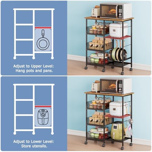 Rolling Kitchen Microwave Organizer Cart, Adjustable Shelves, Black - Image 3